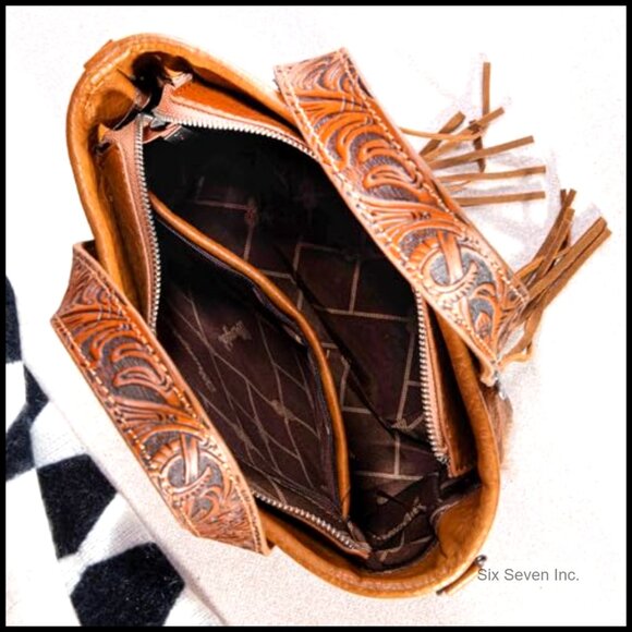 Genuine Hair-On Cowhide Tote Bag with Turquoise Stone Concho - Picture 6 of 7